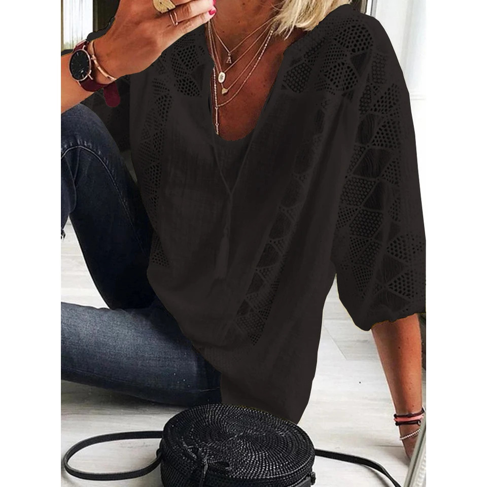 Plus Size L-5XL Blouse Cotton Linen Patchwork Lace U-neck Women Draw String Hollow Tops Summer Elegant Three Quarter Sleeve Tees250304