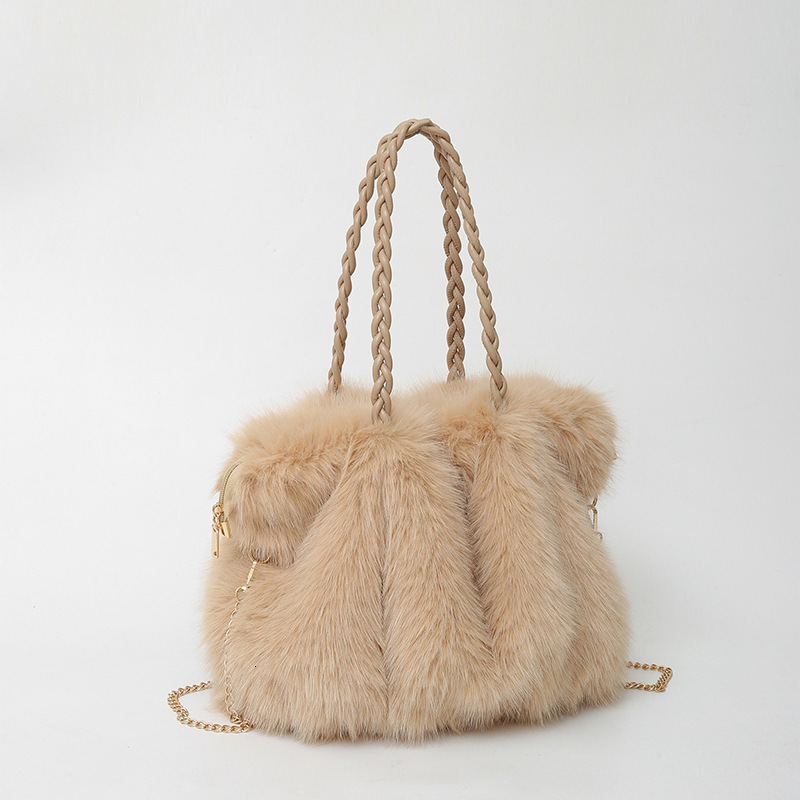 Fashion Large Tote Bag Faux Fur Women Handbags Chains Lady Shoulder Bags Fluffy Soft Plush Shopper Bag Warm Winter 241104