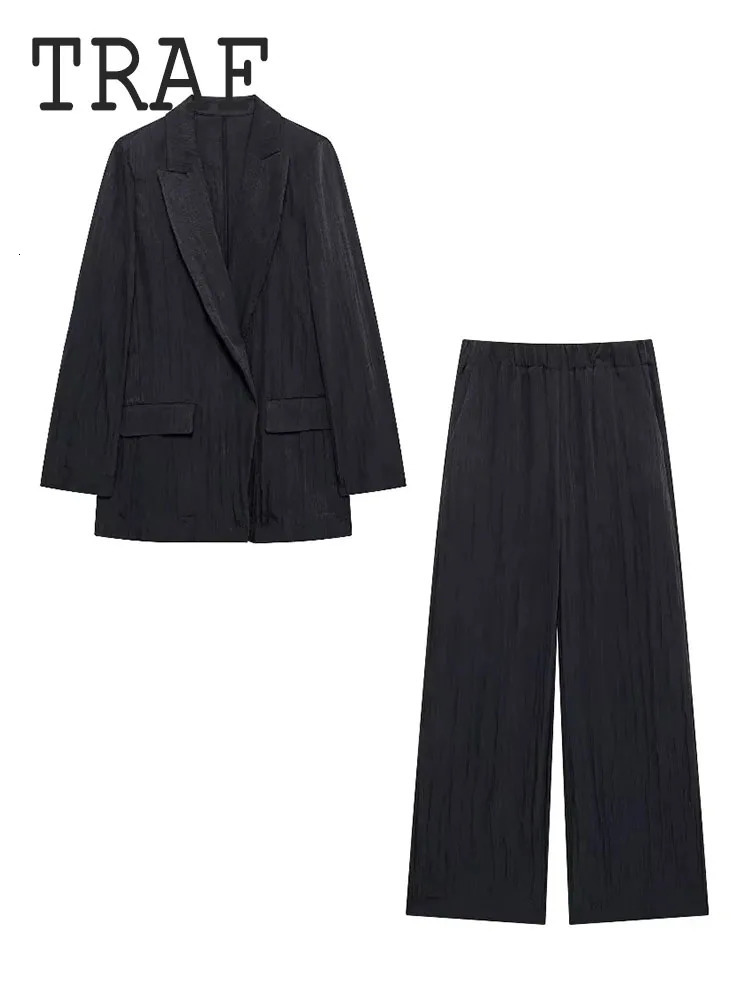 TRAF Dark Womens Two Piece Sets Elastic Waist Wide Leg Pants Set Wrinkle Effect Open Collar Suit Coat Top Elegant 250225