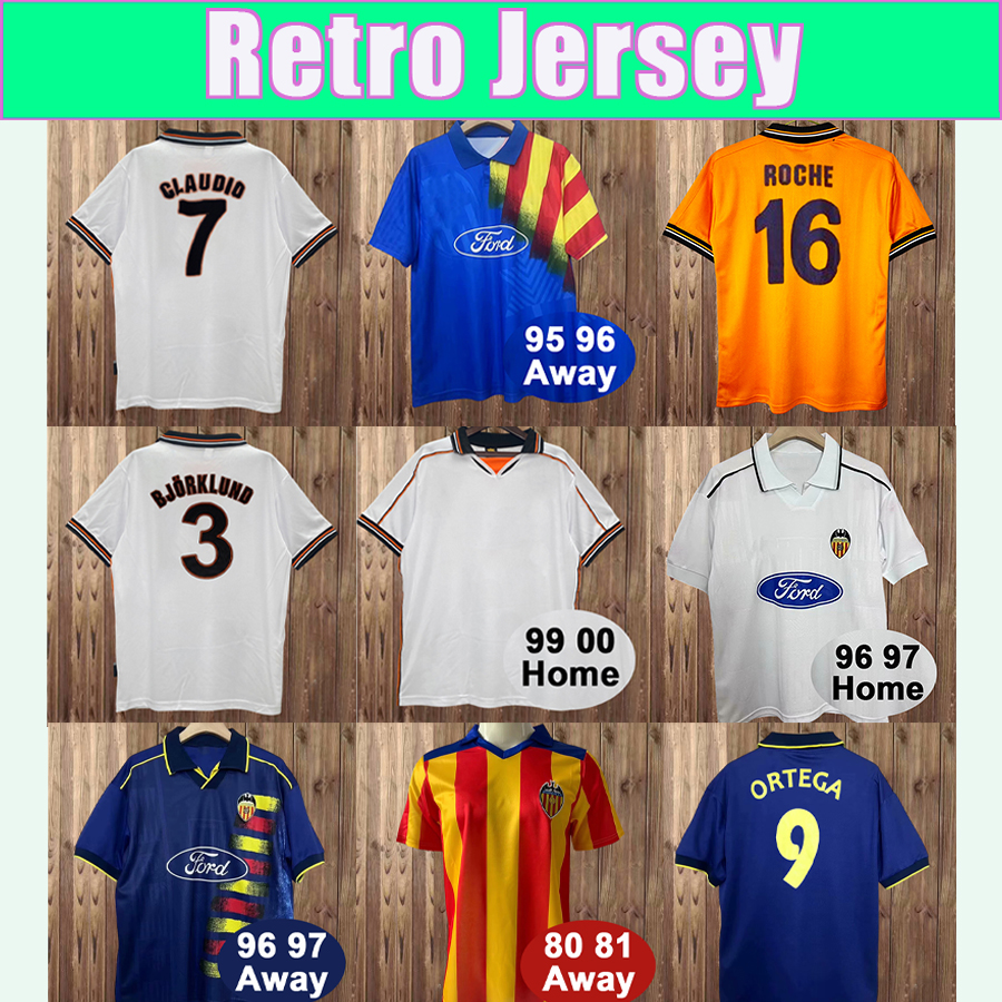 1999 2000 Valencia ROCHE Mens Retro Soccer Jerseys MENDIETA ORTEGA CLAUDIO MAZINHO JAVI NAVARRO 95 96 Home Away Football Shirt Vintage Adult Uniforms