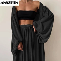 ANSZKTN Short Vest Lantern Long Sleeve Coat High Waist Wide Leg Pants Sexy Women 2 pieces Sets 250225