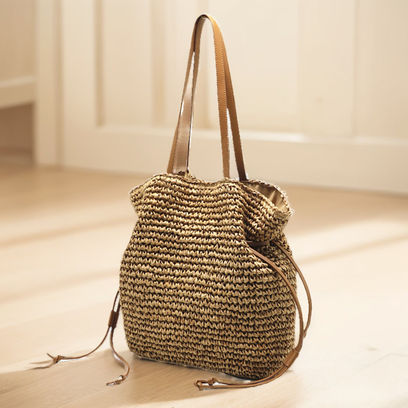 2024 New Drawstring Hook Single Shoulder Crossbody Women's Bag, Large Capacity Straw Woven Bag
