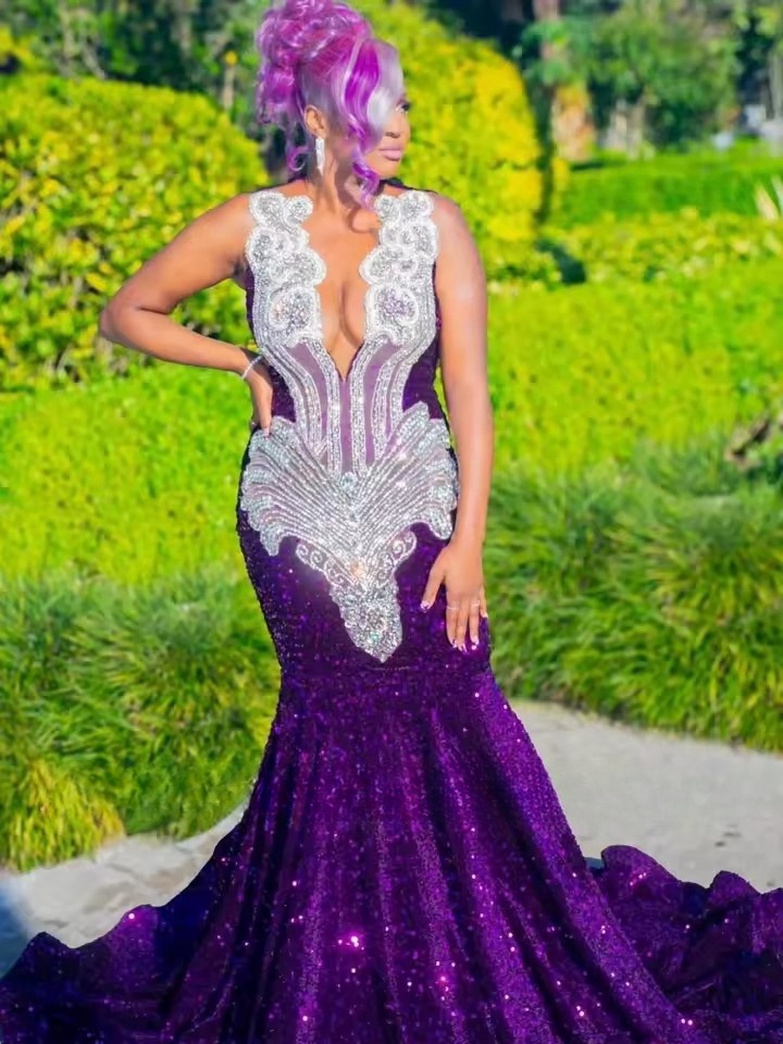 Purple Sequins Mermaid Prom Dresses For Black Girls 2025 Long Applique Beaded Formal Birthday Party Gowns Customized