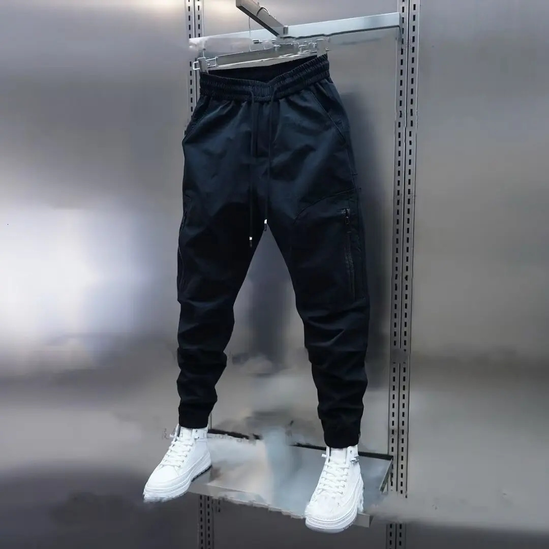 Washed Loose Fit Regular Waist Teenage Trend Solid Color Large Pocket Bound Mens Casual Hiphop Long Pants Mens Clothing 250305Z