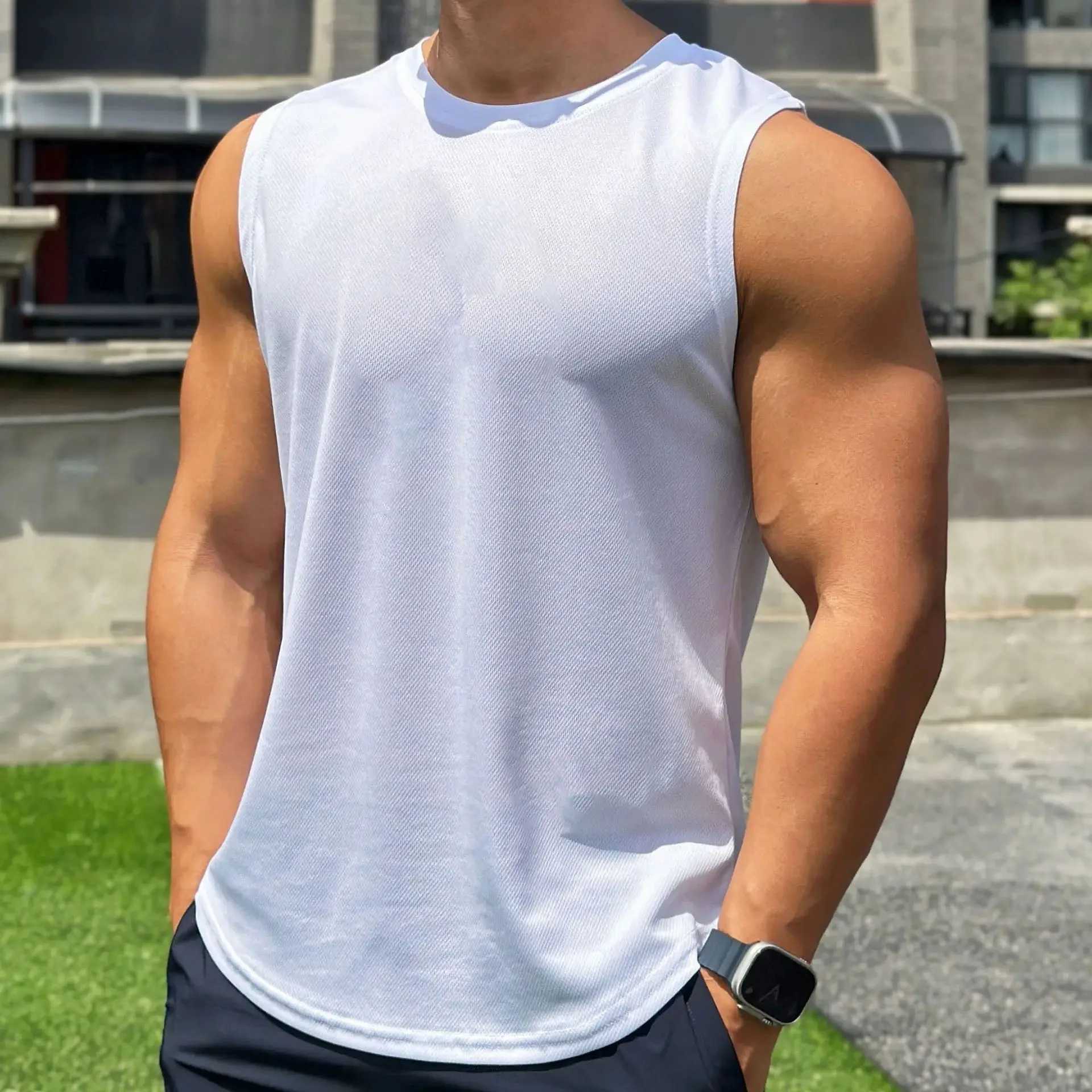 Summer New Trend Mens Pullover Round Neck Mesh Bottom Shirt Sports Fitness Top Sleeveless Vest Quick DryT250318