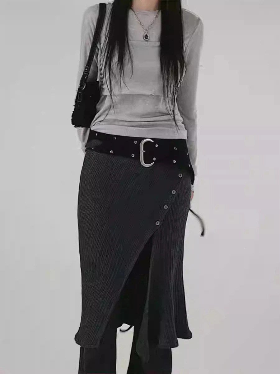 2025 Bottom Fashion Street n Thread Knitted Casual Buckle Split Tie Half body Skirt Pants Two Piece Set Y2k 250225
