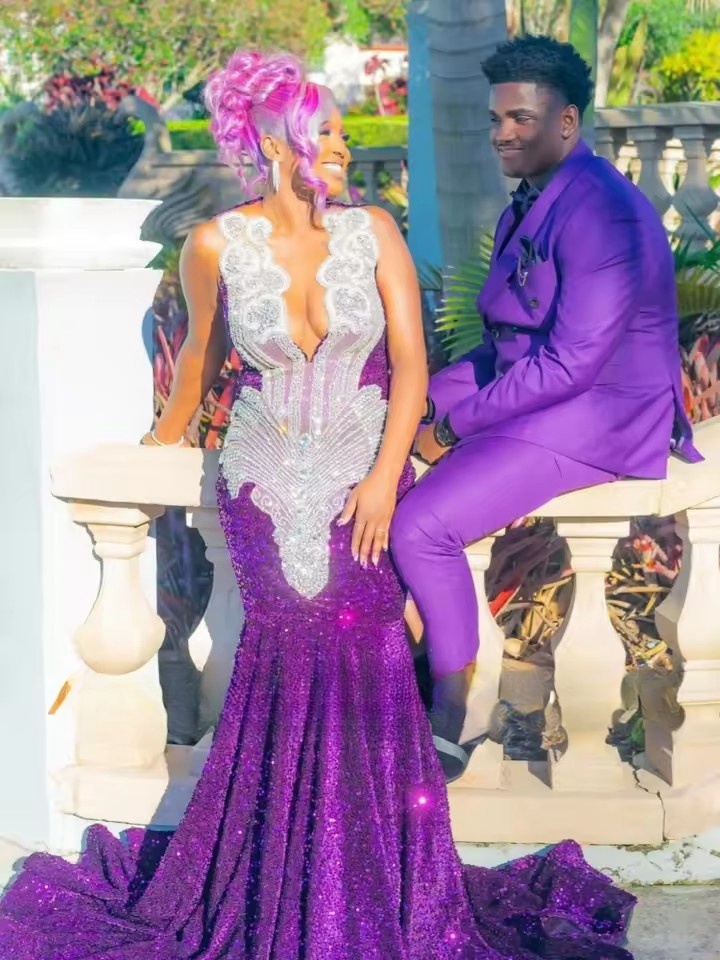 Purple Sequins Mermaid Prom Dresses For Black Girls 2025 Long Applique Beaded Formal Birthday Party Gowns Customized