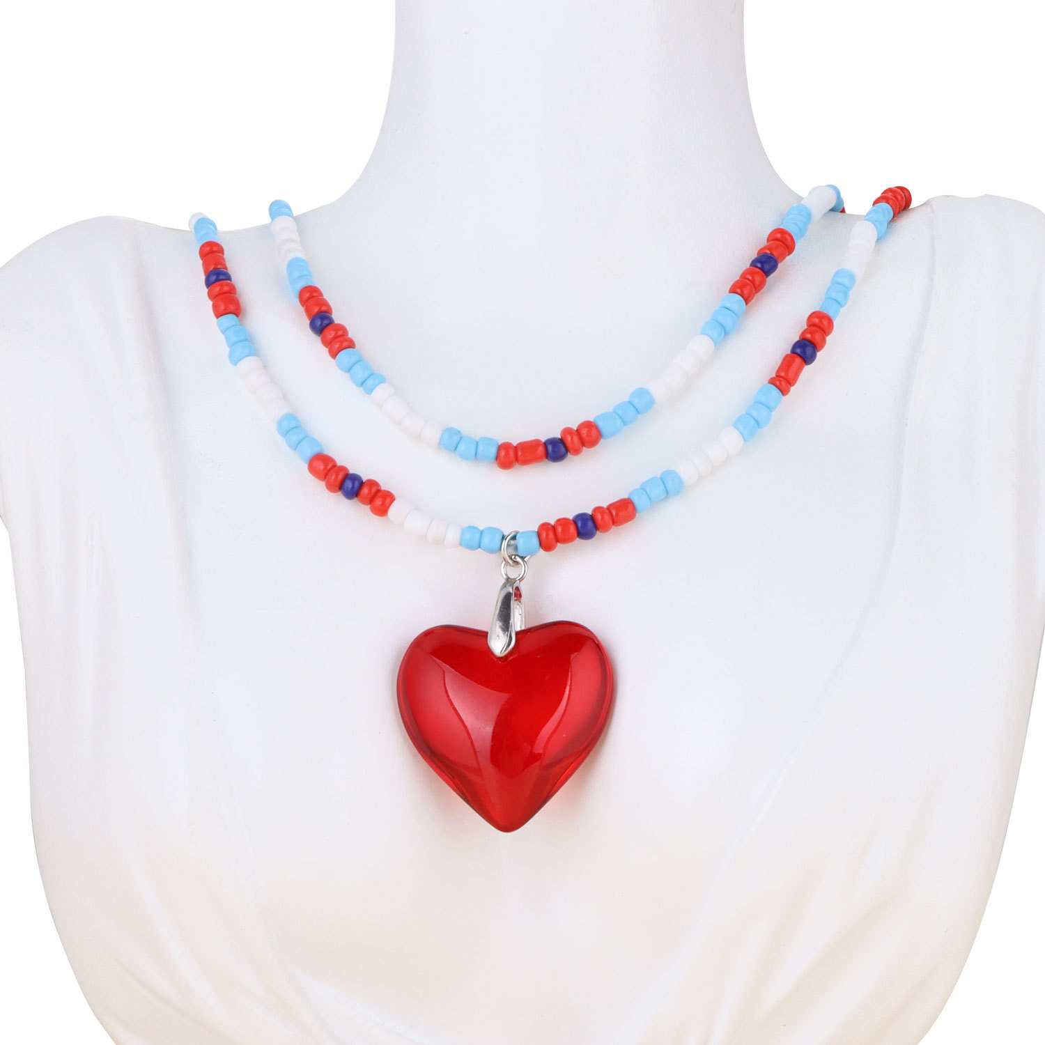 Colorful beaded heart-shaped necklace peach heart necklace set of chains female retro personality of Europe and the United States with glazed jewelry