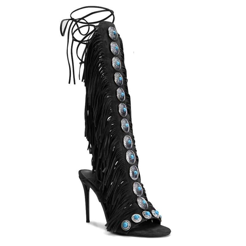 Real cow suede leather tassels women sandals peep toe jewel lace up 10cm high heels 250318
