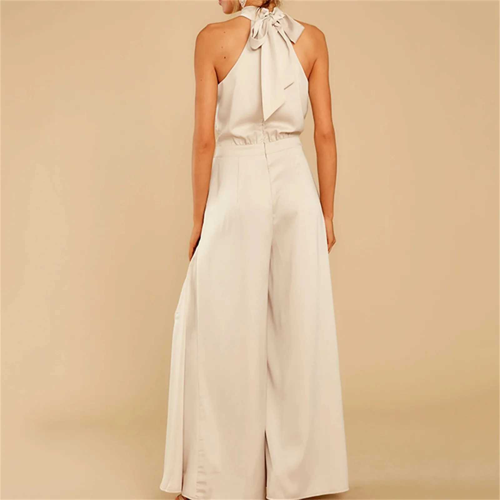 Womens Neck Tie Back Jumpsuit Solid Color Women Full Length Large Leg Loose Pants Casual One Piece Sling Long TrousersXJ250307