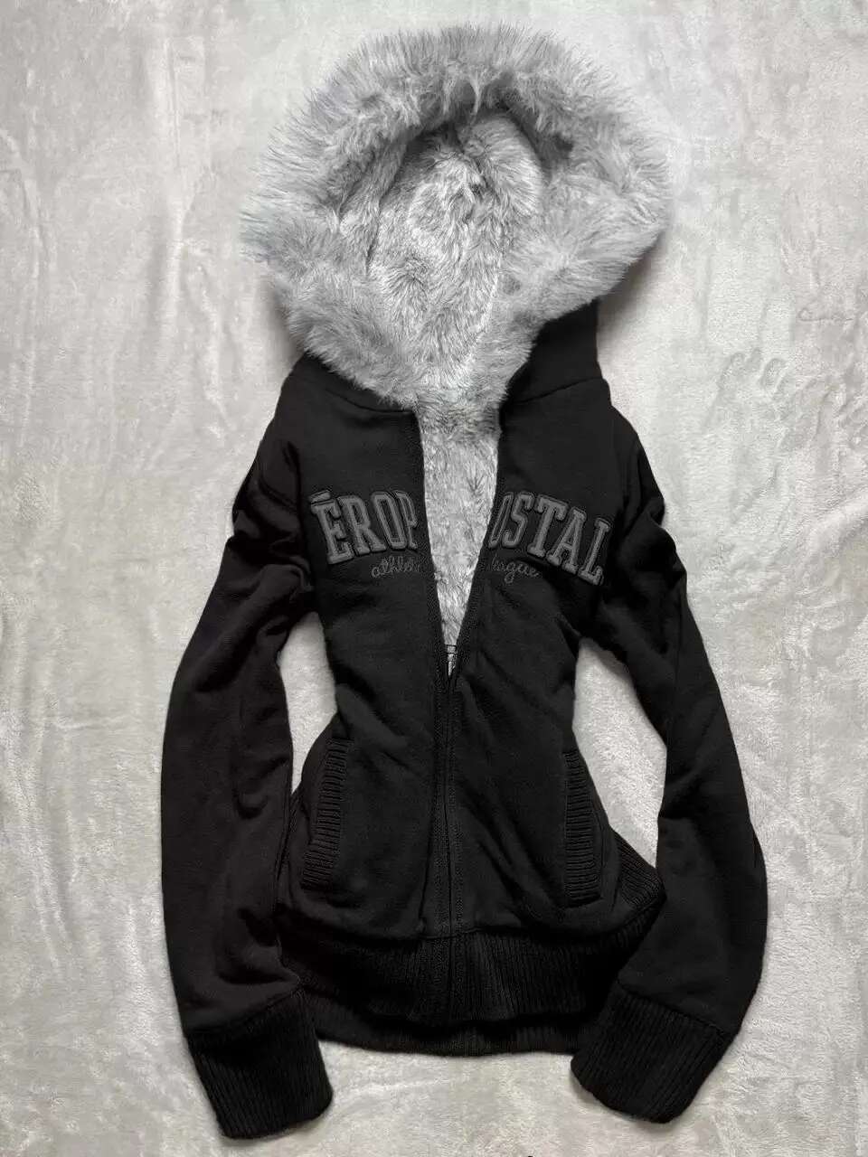 American Original Gray Veet Thickened Hooded Sweatshirt For Women Retro Slim Hottie Design Warm Zipper Jacket