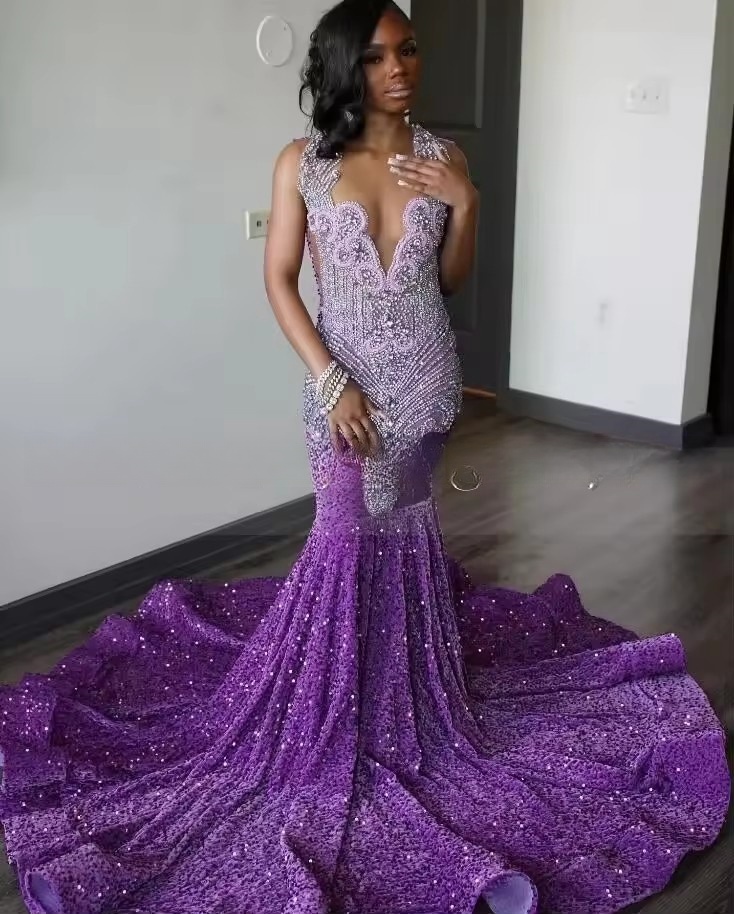 Purple Sparkly Long Mermaid Prom Birthday Gala Dresses for Black Girl Dia Veet Evening Ceremony Gown cusotmsized