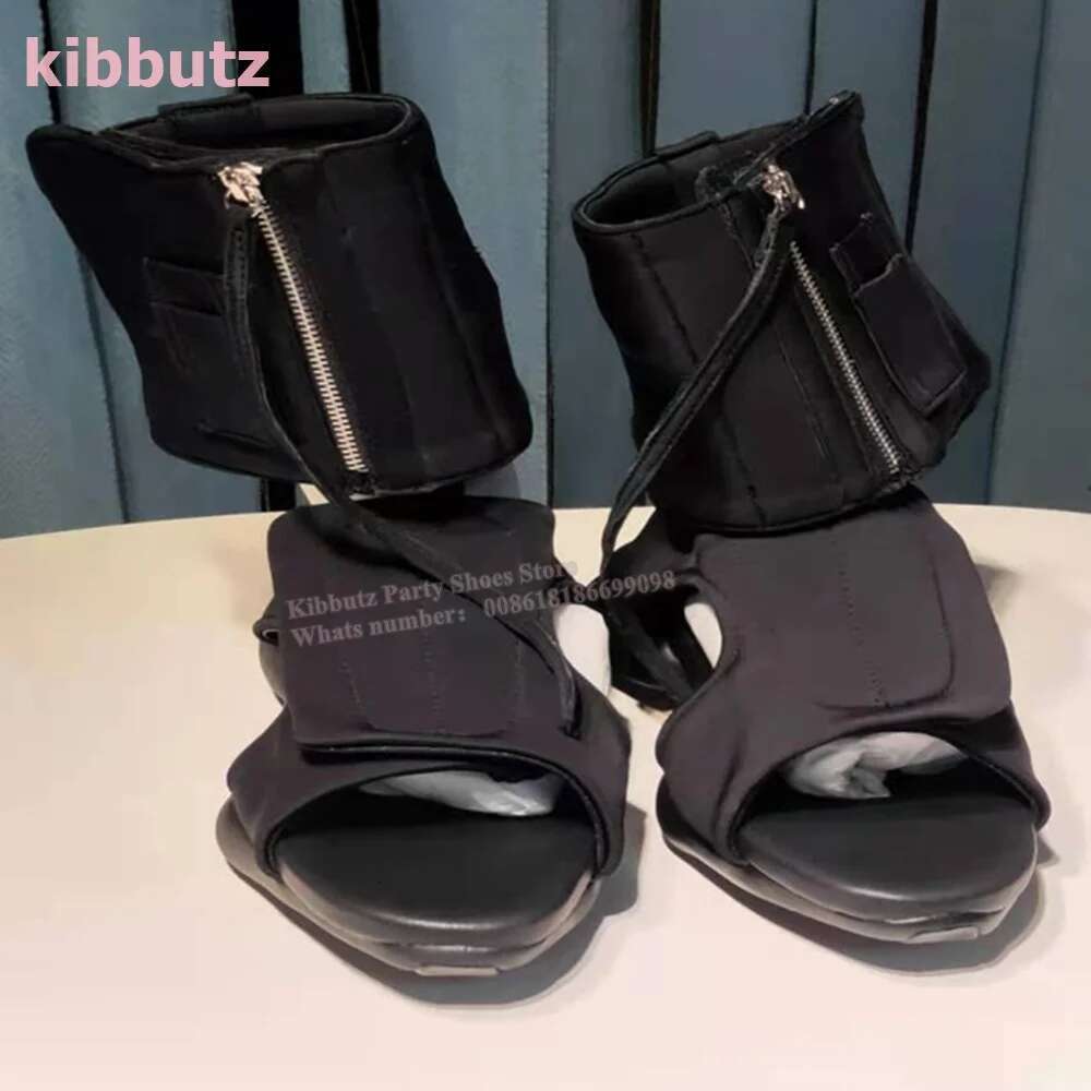 Hook Loop Sandal Boots Open Round Toe Height Increasing Hollow Solid Color Black Fashion Runway Show Novelty Concise Shoes New