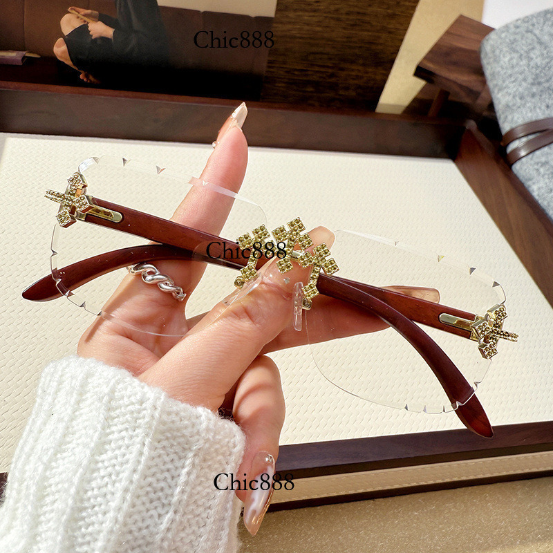 Cross inlaid diamond sunglasses for men, starry sky metal frameless sunglasses, high-end decorative wood grain legs