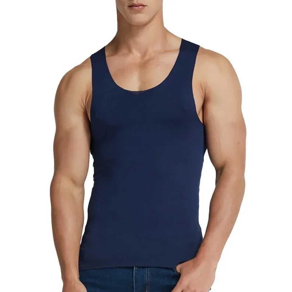 High Elastic Mens Sleeveless Vest Seamless Ice Silk Top For Sports And Leisure White/Black/Navy Blue/Claret/Gray/Water BlueT250318
