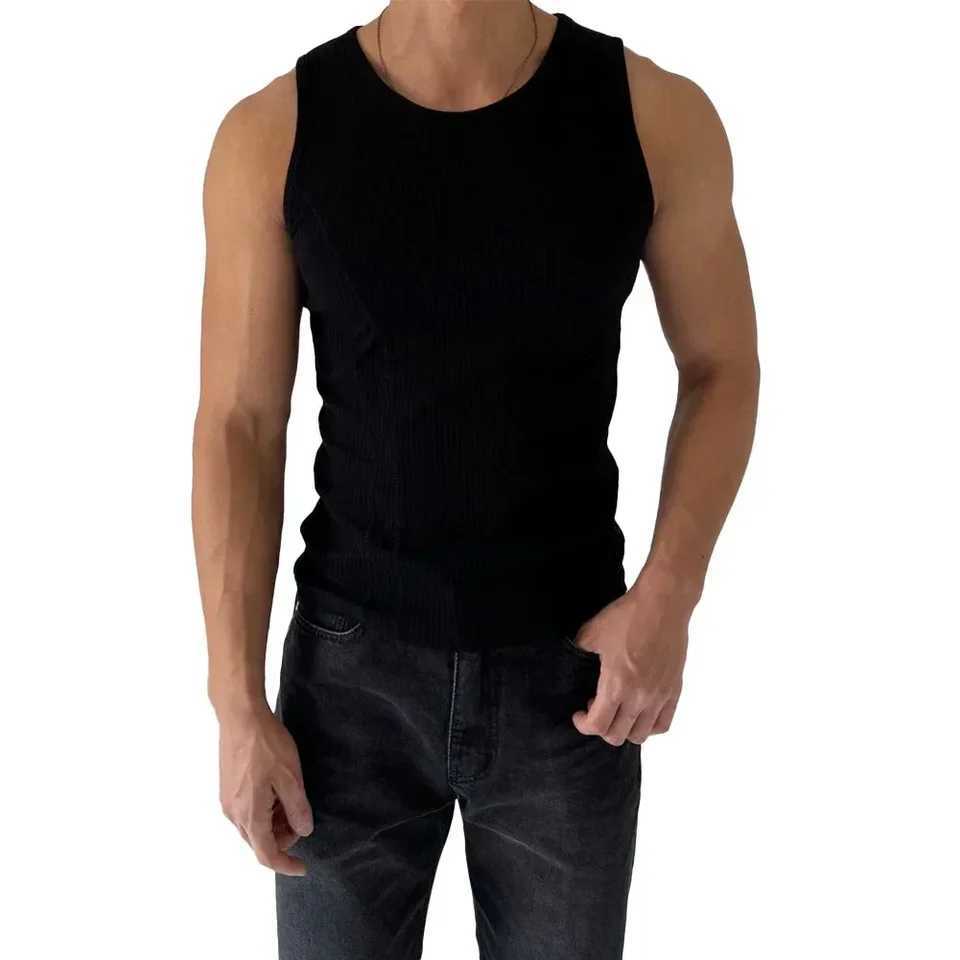 Top Men Vest Ribbed Sleeveless Stripe Tank Top Vertical Vest Fitness Regular Slim Fit Solid Sports ActivewearT250318