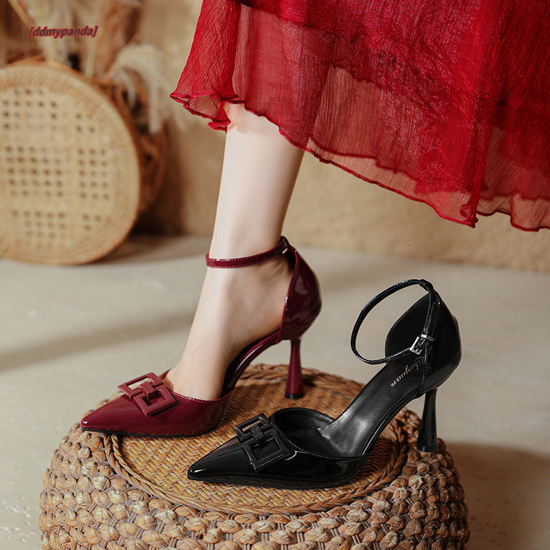 High heel temperament, socialite, empty toe sandals, thin heel, pointed hollow single shoes, plus size, straight stripe, red high heels #ddmypanda
