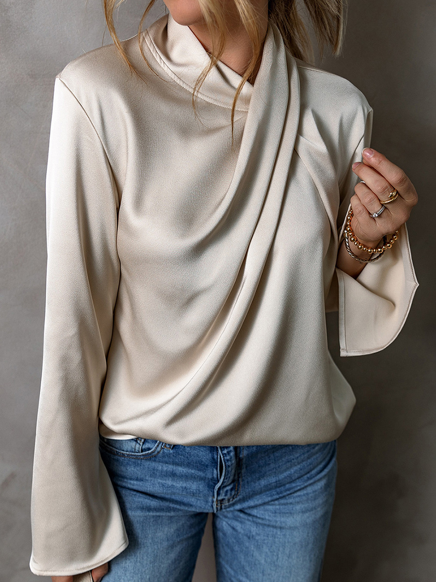 Women Satin Blouses Hot selling Spring new solid color satin chiffon blouse for women, European and American fashion high-end pleated top for women
