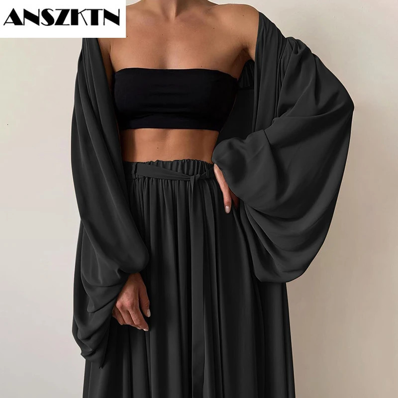ANSZKTN Short Vest Lantern Long Sleeve Coat High Waist Wide Leg Pants Sexy Women 2 pieces Sets 250225