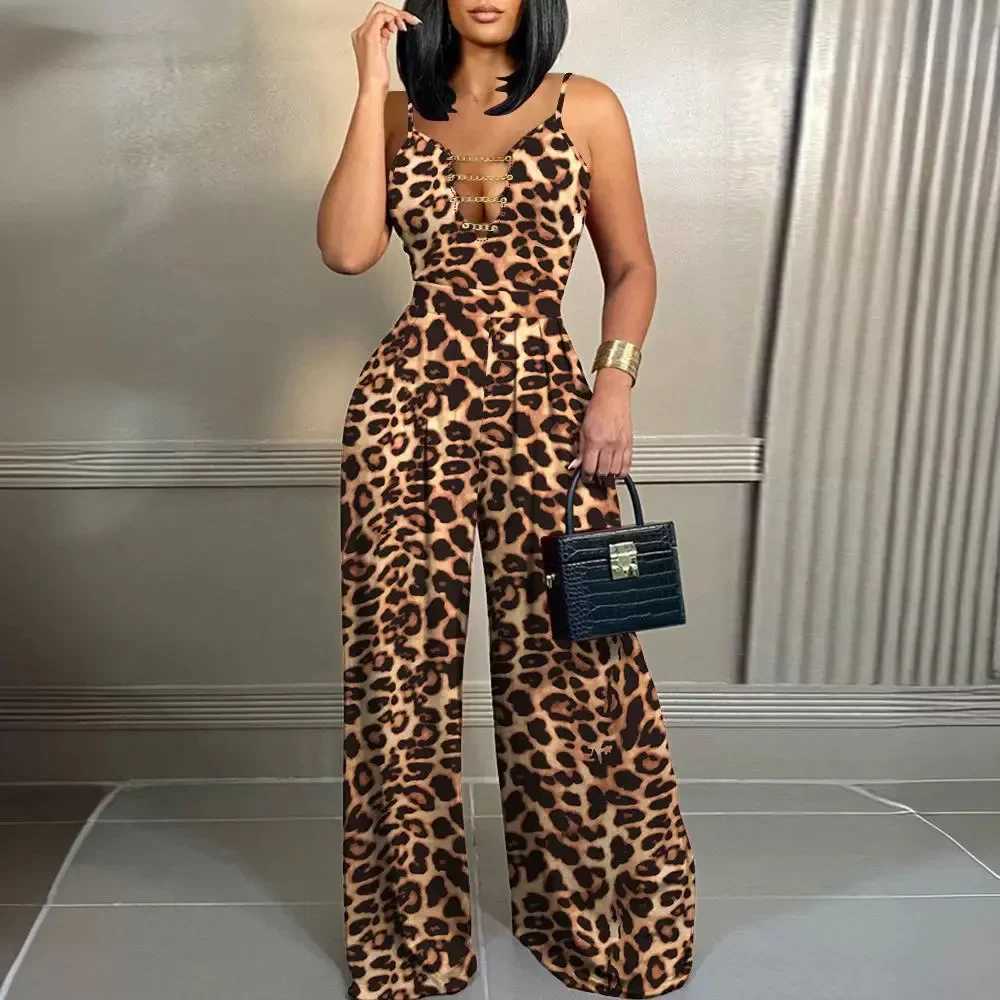 Leopard Print Chain Strap Plunge Jumpsuit Women Summer Sveless V Neck High Waist Playsuits Jumpsuit PantsXJ250307