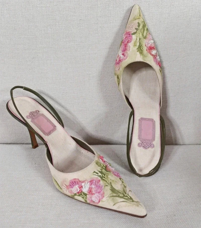 Embroidered High Heel Sandals Women Elegant Slingback Sandals Summer Pointed Toe Pumps Dress Shoes Women Zapatos De Mujer 250304