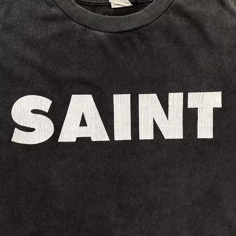 Casual Washed Saint Long Sleeve Tee Men Woman 1:1 2024Fw Best Quality Vintage Letter Printing Damaged High Street Top