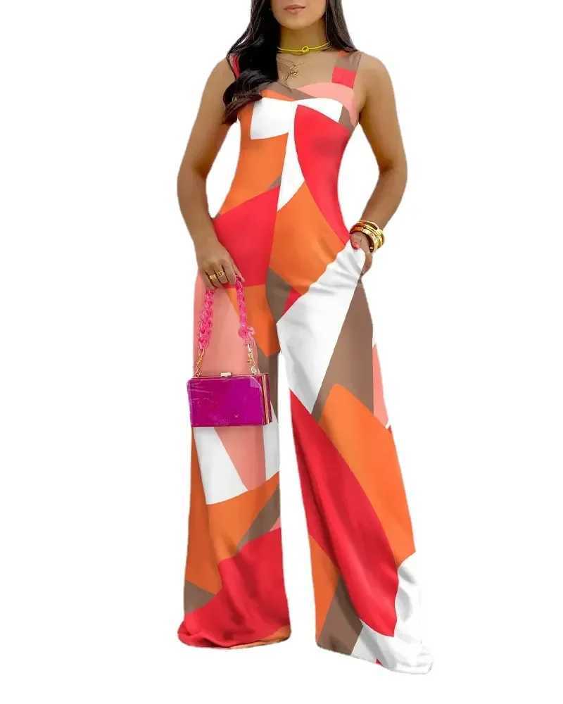 Women One Piece Print Sveless Suspenders V Neck Jumpsuits Wide Leg Long Trousers Overall Rompers Ladies Loose BohemianXJ250307