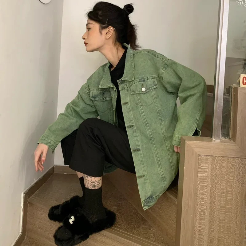 2025 Korea Green Wash Denim Jacket Womens Harajuku Loose Jeans Street Fashion Button 250226