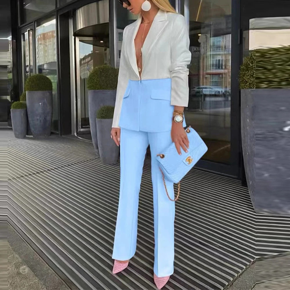 European And American Star Professional Fashion Onebutton Contrast Color Matching Suit Trousers Twopiece Women 250225