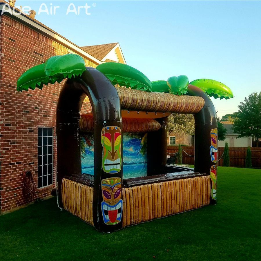 4mLx3mWx3.5mH (13.2x10x11.5ft) with blower Inflatable Tiki Bar Concession and Beverage stall with Three Windows and Tahiti Backdrop for Summer Holiday