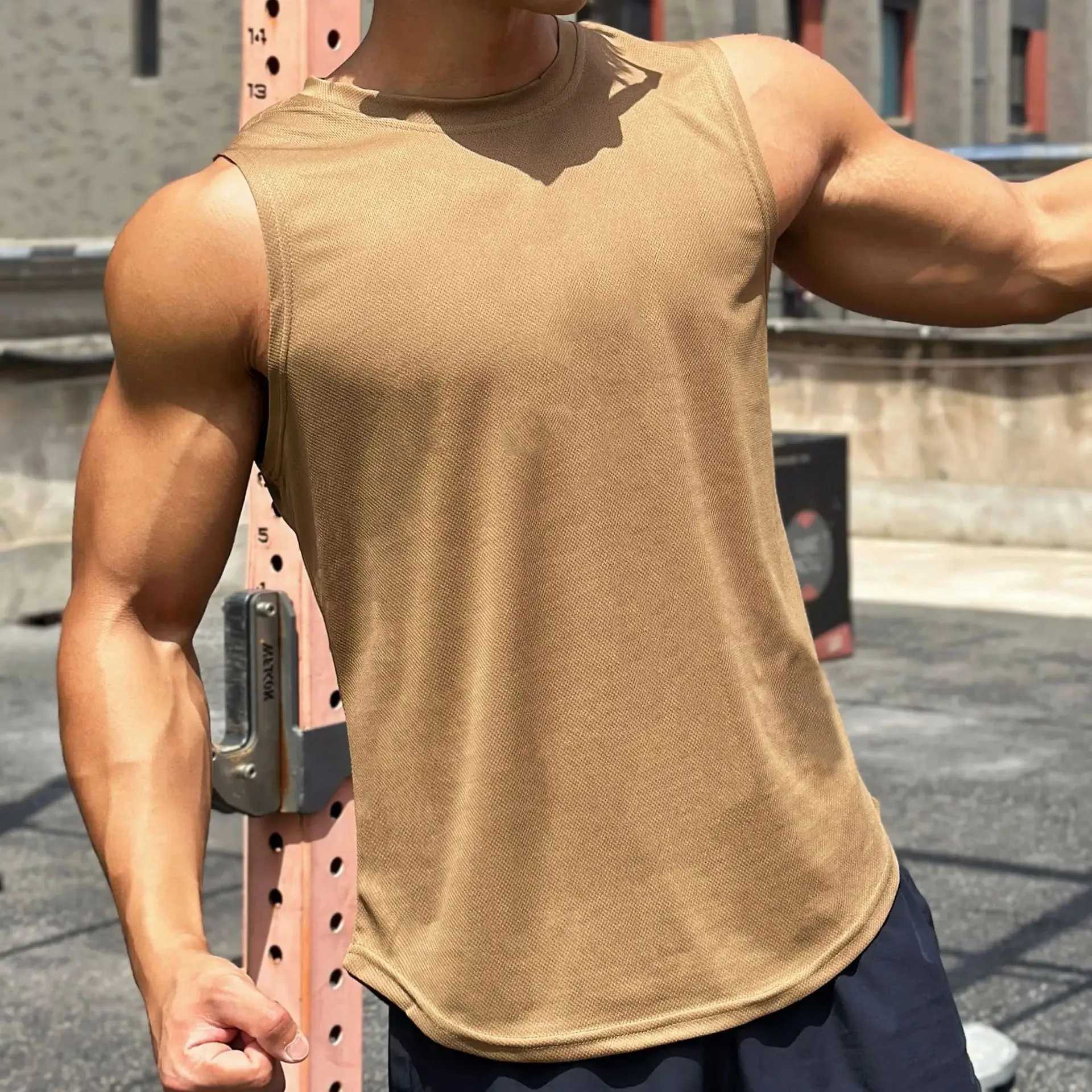 Summer New Trend Mens Pullover Round Neck Mesh Bottom Shirt Sports Fitness Top Sleeveless Vest Quick DryT250318