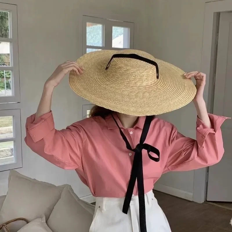 Summer Big Natural Wheat Straw Hats Womens Big Brim Flat Top Visor Sun Hats Fashion Handmad Long Ribbon Lace-Up Beach Hat 250306