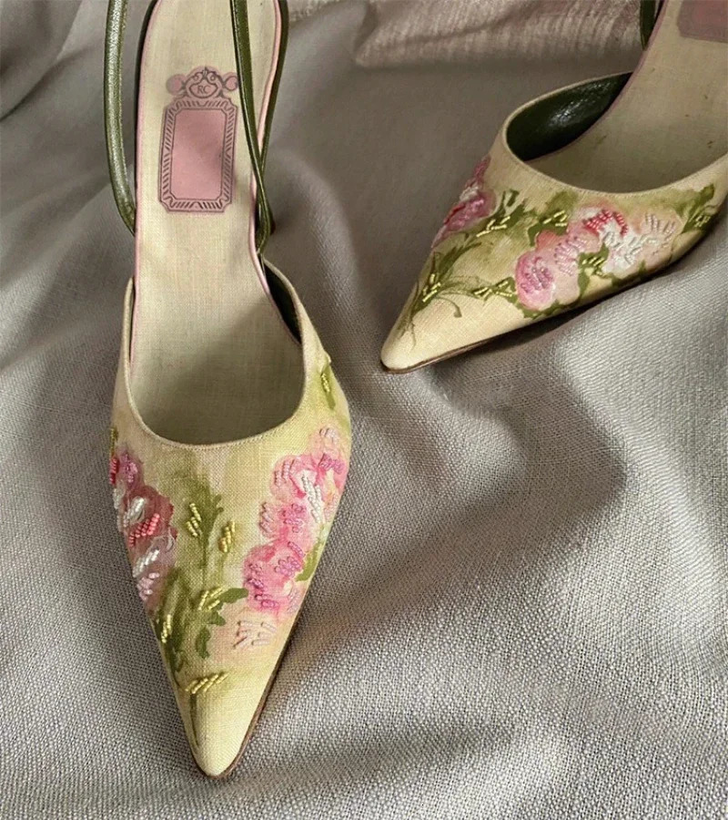 Embroidered High Heel Sandals Women Elegant Slingback Sandals Summer Pointed Toe Pumps Dress Shoes Women Zapatos De Mujer 250304