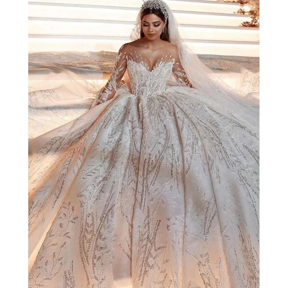 Customized glitter fringed bright sequins tulle appliques illusion wedding dresses