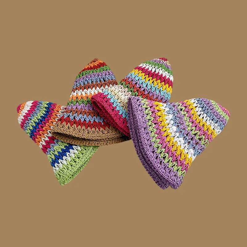 Summer Rainbow Striped Bucket Hat Woman Crochet Beach Fisherman Hat Foldable Handmade Weave Sun Hat Female Panama Wholesale W250307