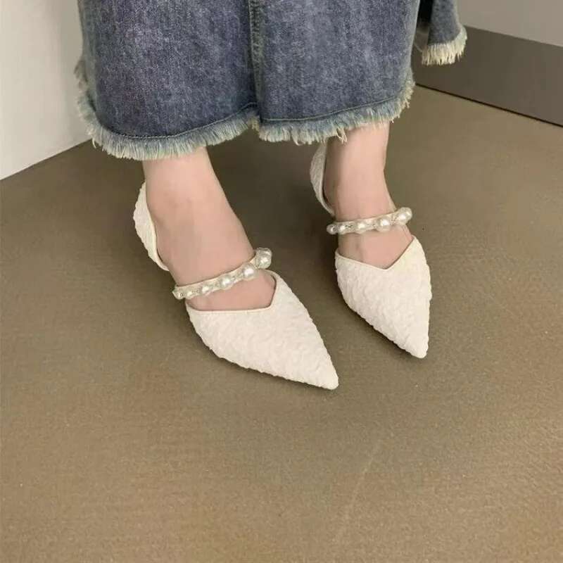 High 2025 Black Heels New Pumps Stiletto Pointed Toe Pearl Anklets High-end Fashionable Comfortable Women's Shoes -end