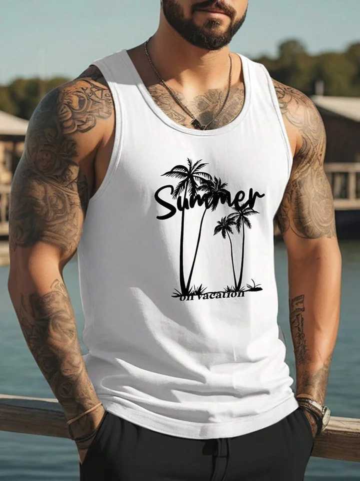 3D Coconut Tree Print Mens Tank Top Summer Outdoor Run Fitness Sports Tees Casual O-neck Loose Sleeveless Shirt Gym T-shirt ManT250318