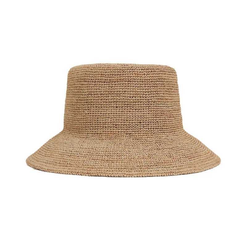 Summer Handmade Raffia Straw Wide Brim Bucket Hats Women Fashion Casual Sun Hat Foldable Flat Top Straw Hats Vacation Beach Hat W250307