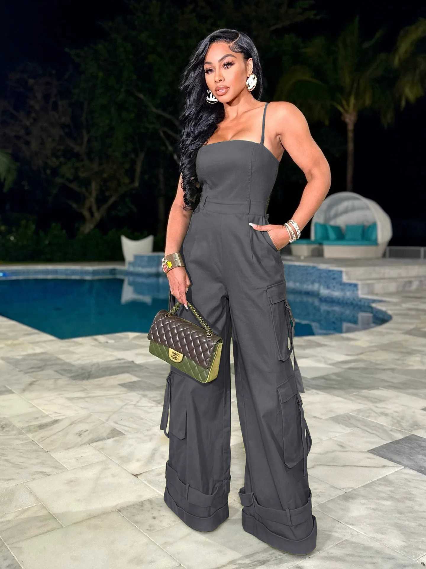 lti Pockets Wide Leg Cargo Jumpsuit Sexy Women Spaghetti Strap Ele Streetwear Casual Overalls RomperXJ250307
