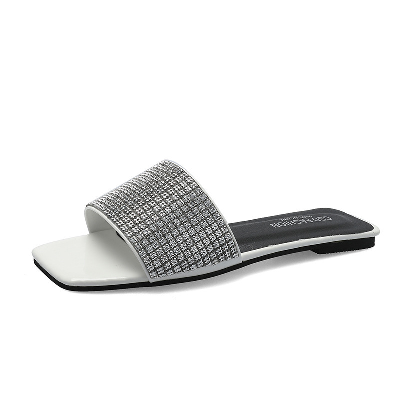 2025 New Single Diamond Flat Slippers Designer Solid Color Fashion Beach Sandals Classic Casual Women's Shoes