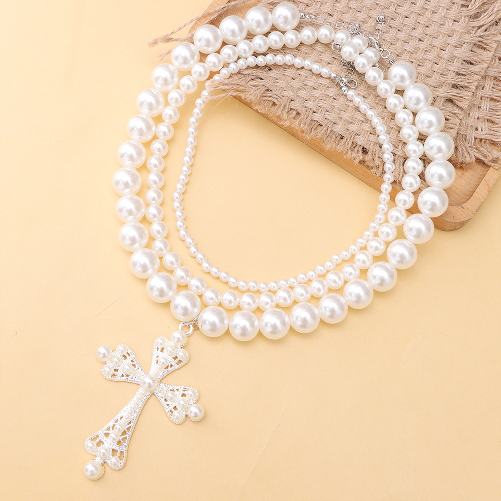 Cross necklace set of personalized beads stacked wear collarbone chain necklace jewelry in Europe and the United States exaggerated punk pearl jewelry