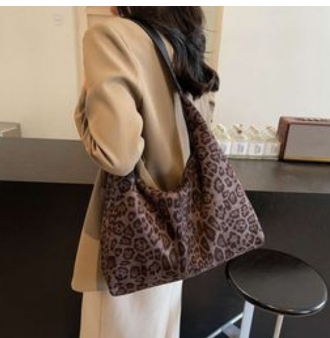Women Cheetah Printed Tote Large Capacity Suede Leopard Print Handbag Vintage Shoulder Female Commute Bag