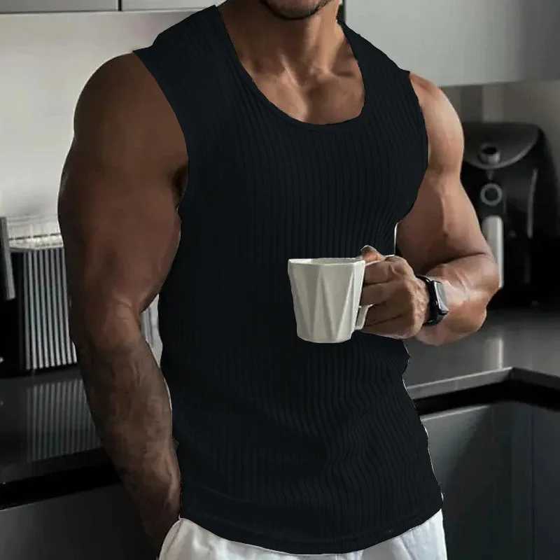 2024 Summer men sleeveless wide shoulder knitted striped muscle Fitness sports casual slim-fit back heart hipster manT250318