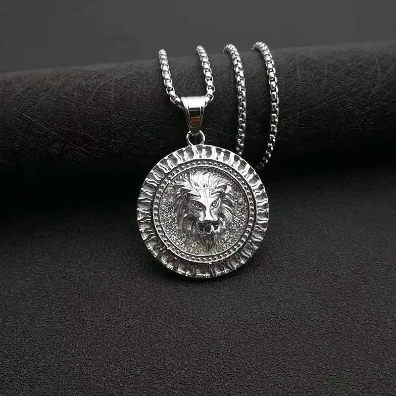Stainless Steel Vintage Round Lions Head Fire Hip Hop Pendant Collar Chains Necklace for Men Women Gift Jewelry 250227