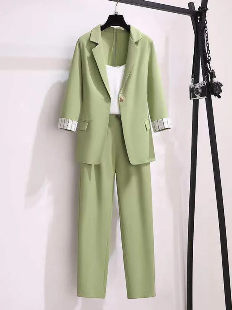 Spring Large Korean Elegant Womens Jacket Casual Pants 3Piece Set 250225