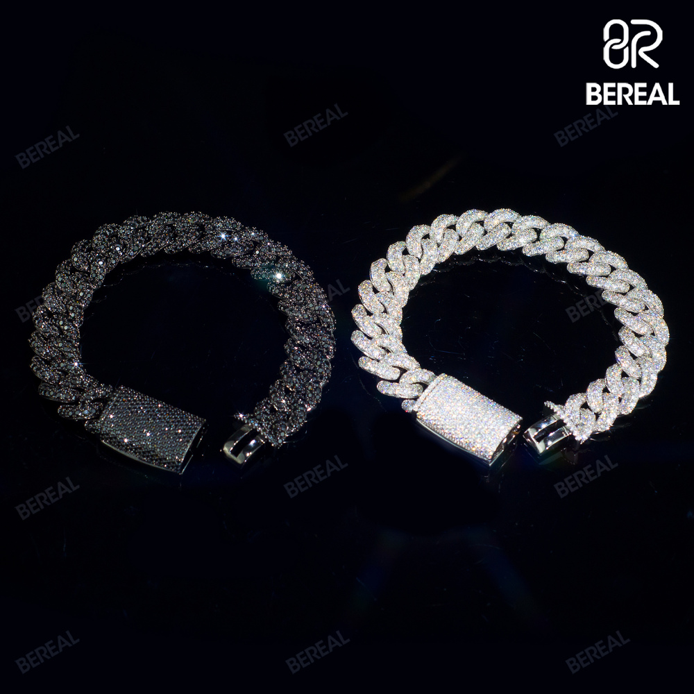 New Design 14MM Black Moissanite Cuban Chain Necklace High Quality Round Brilliant Cut Diamond 925 Silver Link Bracelet