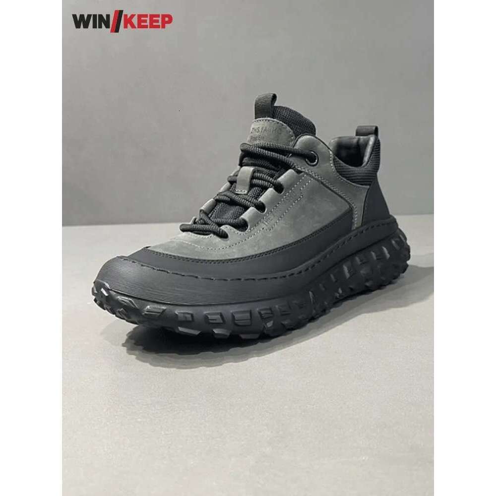 Mens Outdoor Antiskid Running Lace Up Thick Platform Genuine Leather Spliced Joggers Training Athlete Sport Shoes