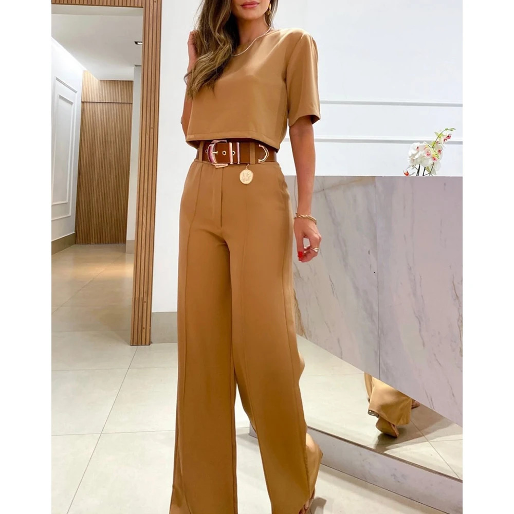 Casual Women Half Sleeve Crop Top Wide Leg Pants Set Summer Femme Office Lady Two Pieces Suit Outfits Korean Style 250225