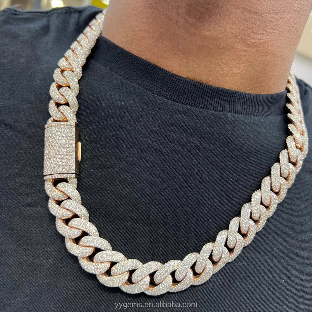 Custom Moissanite Heavy Silver Chain for Men 13mm-22mm Width S925 Solid Rose Gold Plated VVS Moissanite Diamond Cuban Link Chain