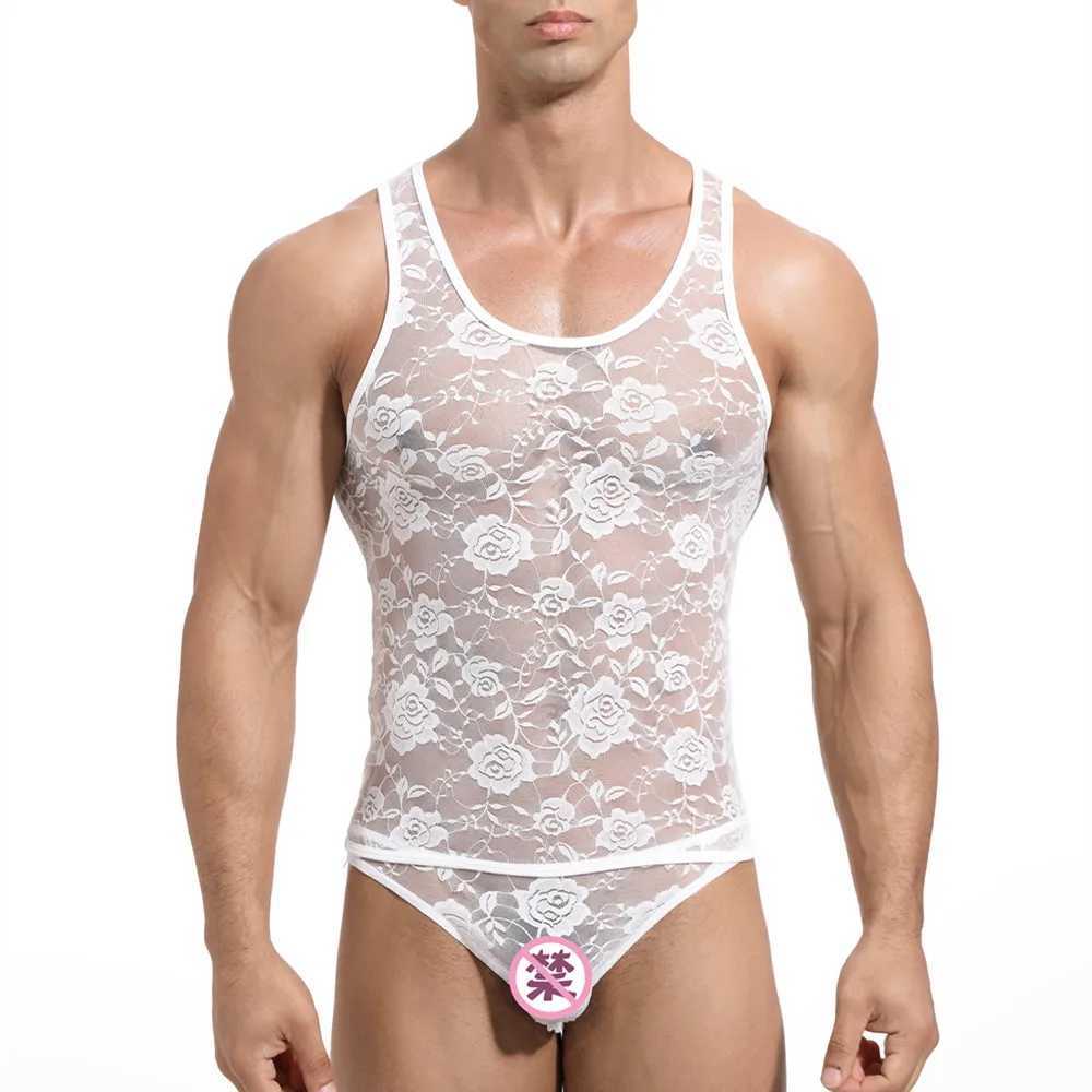 Men Floral Lace Tank Tops Sexy Transparent Mesh Elastic Fitted Singlet Sleepwear Male See-Through Sleeveless Vest NightwearT250318
